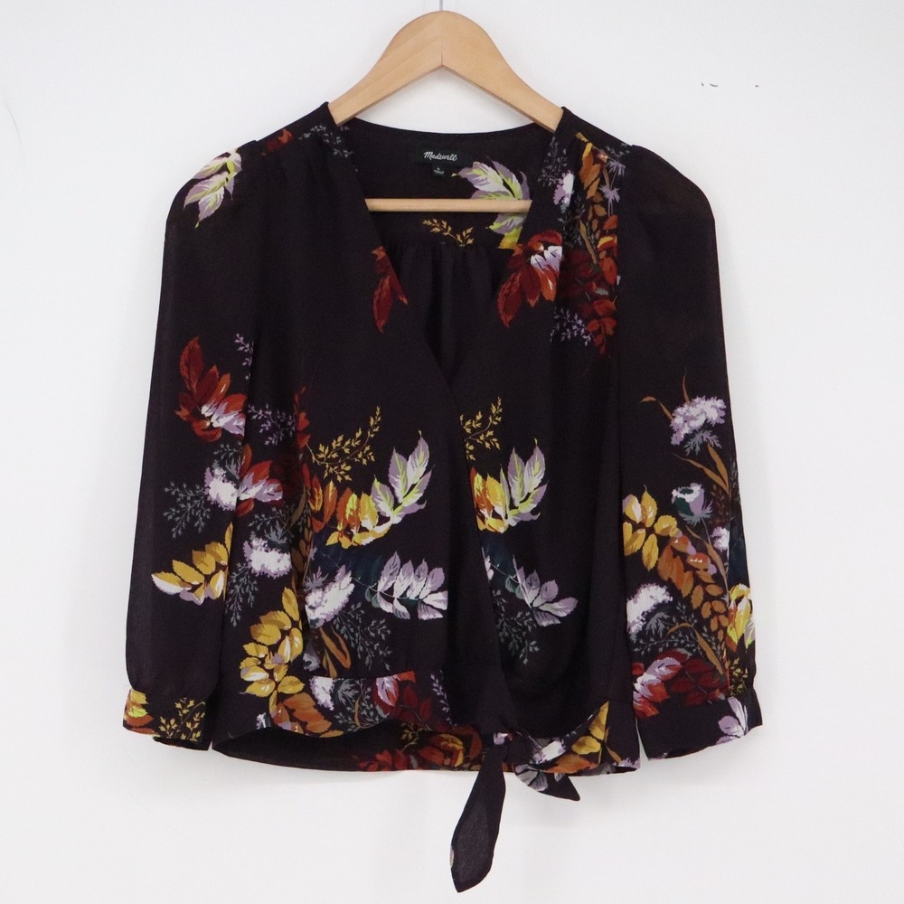 Madewell Blouse Womens S Wrap Tie Front Black Floral 3/4 Sleeve Excellent